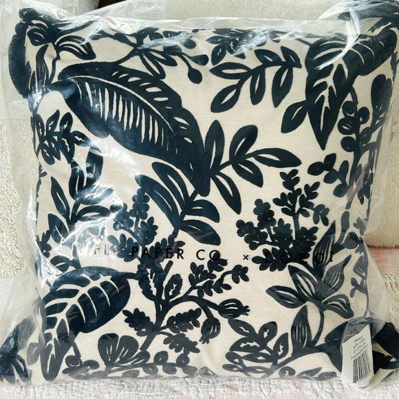 Rifle Paper Company x Loloi Throw Pillow Cream Black Floral 22x22 Tassels New